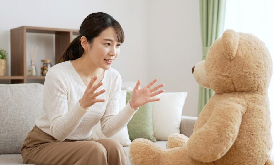 自宅のリビングで、ぬいぐるみを相手に身振り手振りを交えて学習内容を説明する「エア授業」を実践している日本人女性。記憶定着のためのユニークな学習法