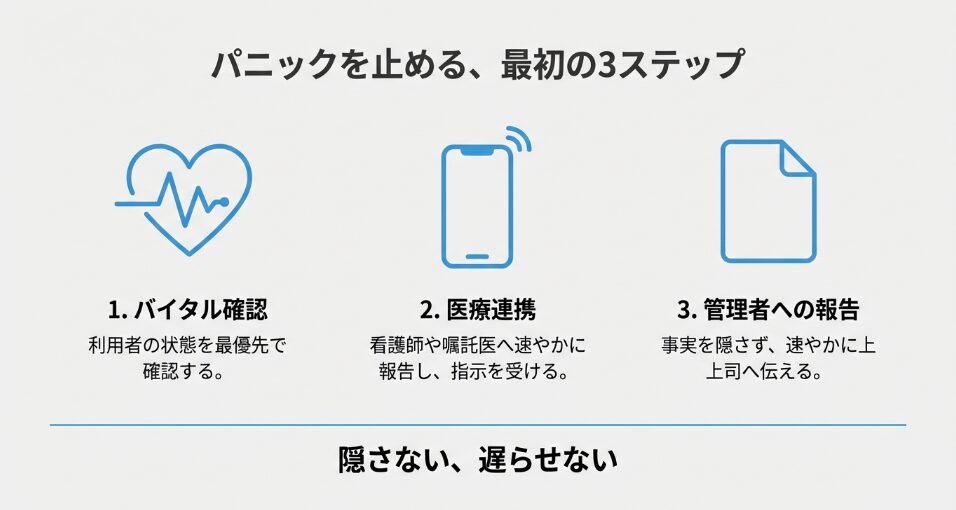 1.バイタル確認、2.医療連携、3.管理者への報告という、パニックを止めるための最初の3ステップを説明する図解画像。