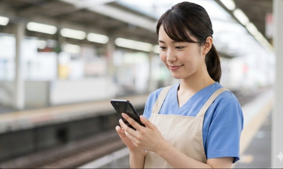通勤中の電車内でスマホアプリを使って介護福祉士試験の勉強をする日本人女性介護職員