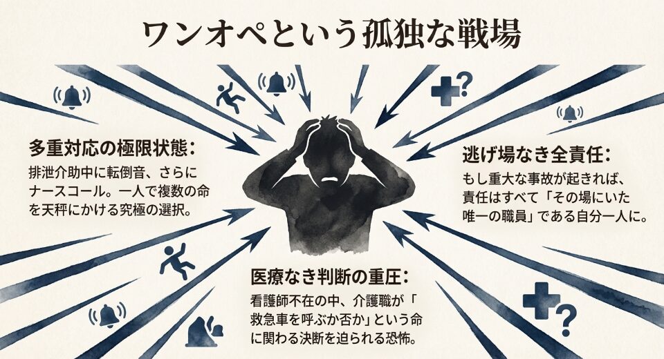 排泄介助中に転倒音やナースコールが重なる多重対応の極限状態と、一人が背負う責任の重さを説明するスライド。