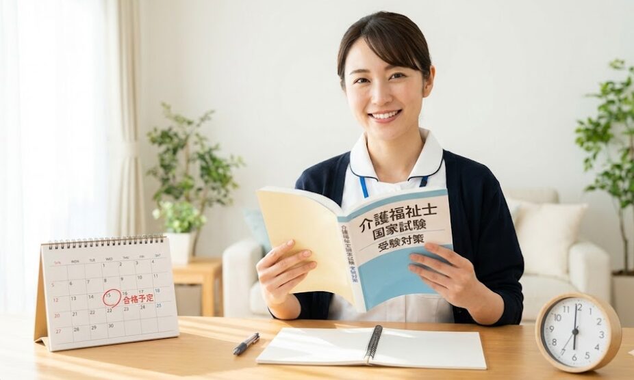 介護福祉士国家試験の受験対策テキストを開き、笑顔で自信に満ちた表情を見せる日本人女性介護士。机上には「合格予定」と記されたカレンダーと時計があり、計画的な学習と合格への意欲を表現しているアイキャッチ画像。