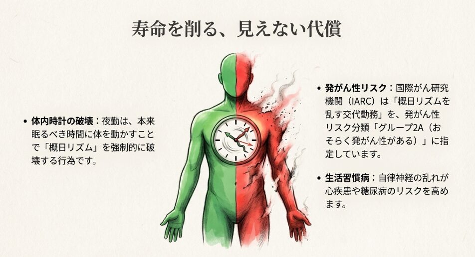 身体に赤い火が回るようなイメージ図。発がん性リスク（グループ2A）や生活習慣病のリスクについて警告するスライド。