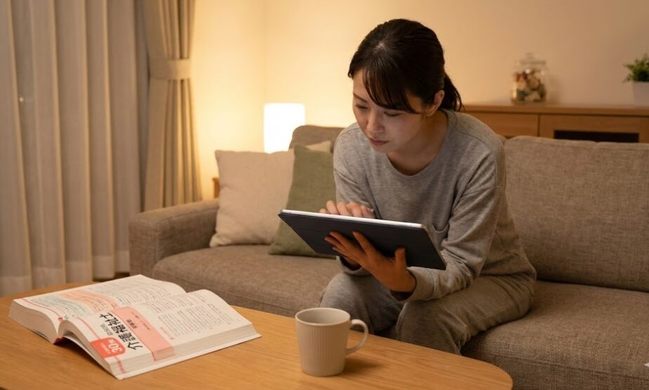 夜、自宅のリラックスした環境で、仕事の疲れを見せながらもタブレットとテキストを使って介護福祉士試験の勉強に集中する日本人女性の姿。働きながら学ぶ読者の共感を呼ぶアイキャッチ画像。