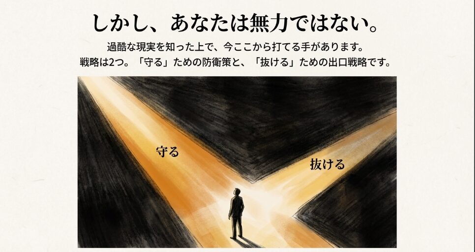 暗い道から「守る」と「抜ける」という2つの光り輝く道へ分岐する点に立つ人物のイラスト。