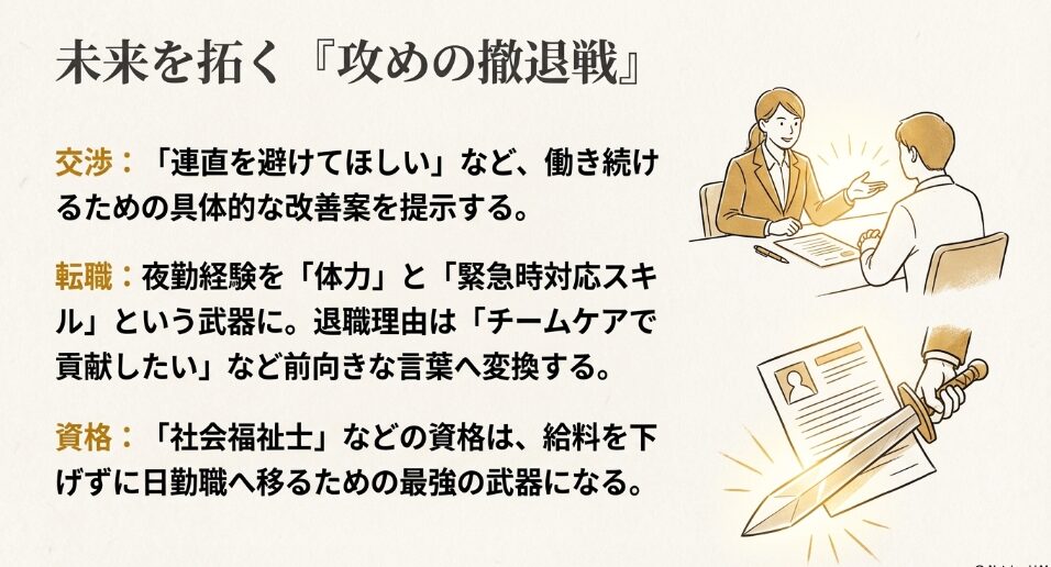 履歴書の上に置かれた剣。夜勤経験を武器にした転職や、社会福祉士などの資格取得で日勤職へ移る「攻めの撤退戦」を解説するスライド。