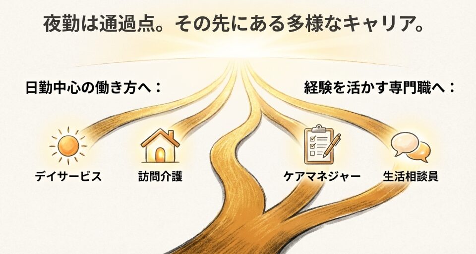 デイサービス、訪問介護、ケアマネジャー、生活相談員へと続く、日勤中心の専門職キャリアパスを示す道のイラスト。