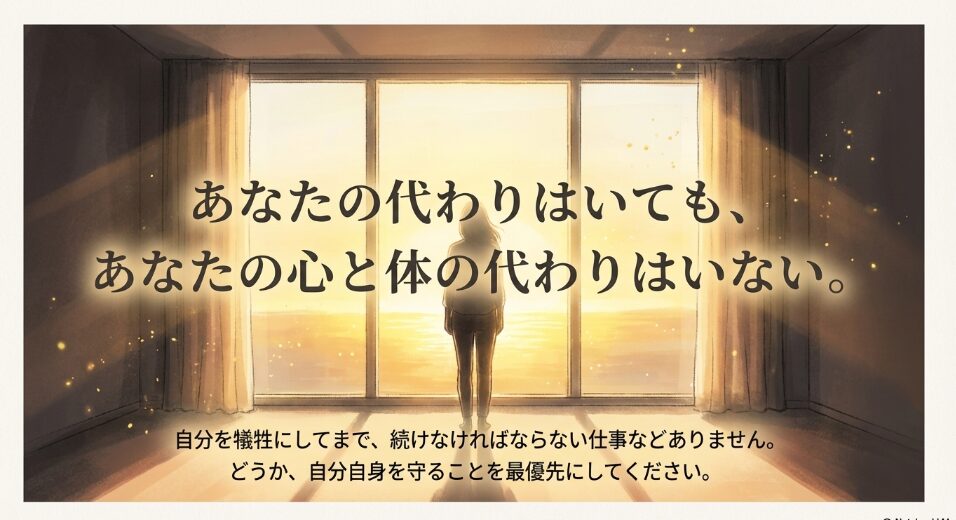 「あなたの代わりはいても、あなたの心と体の代わりはいない」というメッセージが書かれた、自分を大切にすることを促す結びのスライド。