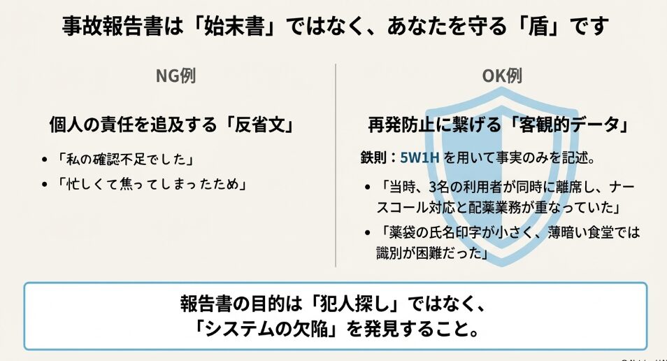 個人の責任を追及するNGな書き方と、システムや環境の欠陥を客観的データで示すOKな書き方の比較表