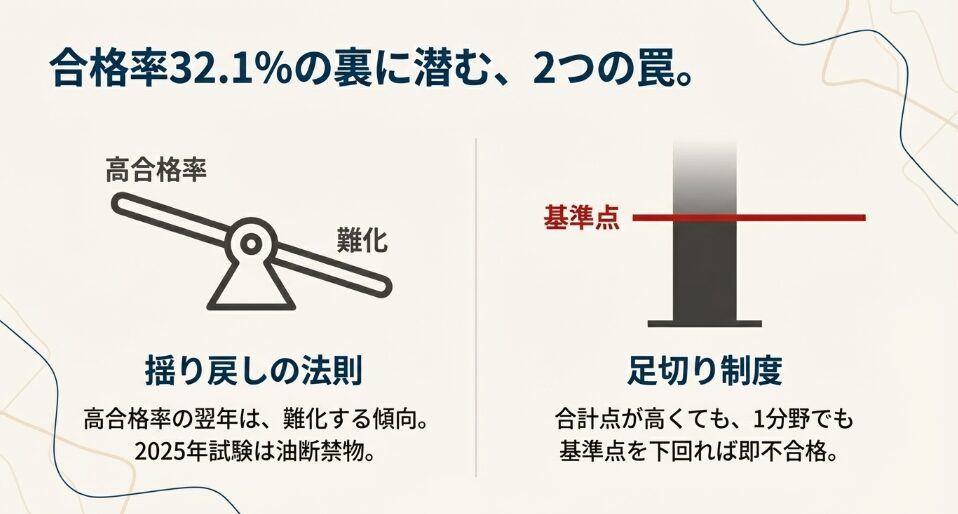 ケアマネ試験の高い合格率の裏にある「揺り戻しによる難化傾向」と、1分野でも基準点を下回ると不合格になる「足切り制度」のリスク解説図。