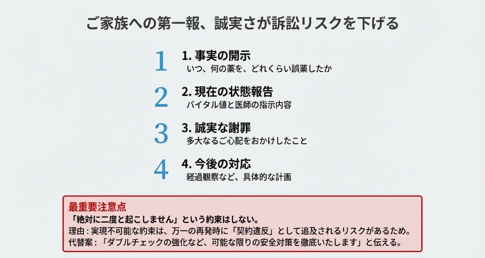 事実の開示、状態報告、誠実な謝罪、今後の対応の4ステップと、「絶対に二度と起こさない」という約束を避けるべき理由を解説したスライド