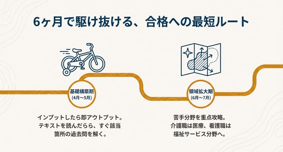 ケアマネ独学合格のための6ヶ月スケジュール前半。基礎構築期（4-5月）と領域拡大期（6-7月）における、インプット即アウトプット学習法と苦手分野攻略のロードマップ。