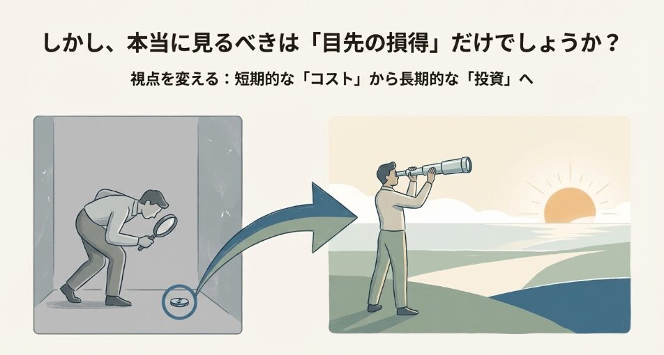 虫眼鏡で足元のコインを見る視点から、望遠鏡で水平線の先（将来）を見る視点への切り替え。