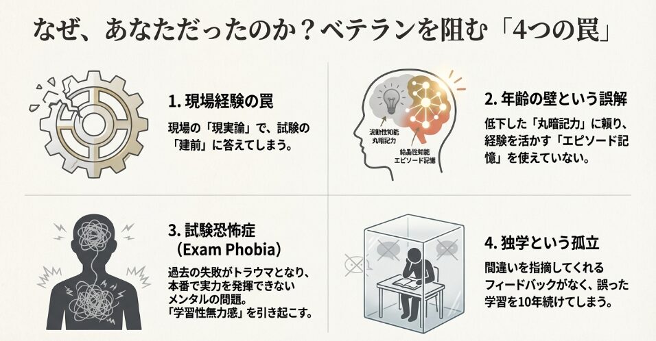 現場経験の罠、年齢の壁（流動性知能と結晶性知能）、試験恐怖症、独学という孤立の4つの阻害要因を解説した図解。