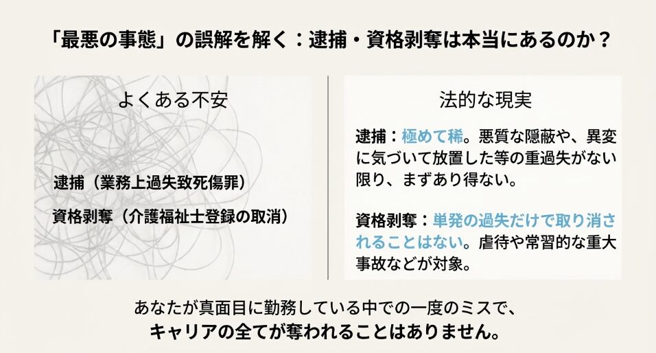 逮捕（業務上過失致死傷罪）や資格剥奪（介護福祉士登録の取消）が極めて稀であり、単発のミスでキャリアが奪われることはないことを説明する画像