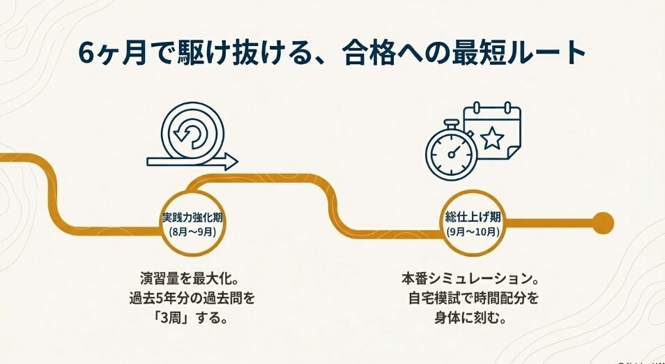 ケアマネ独学合格のための6ヶ月スケジュール後半。実践力強化期（8-9月）の過去問3周演習と、総仕上げ期（9-10月）の本番シミュレーション工程表。