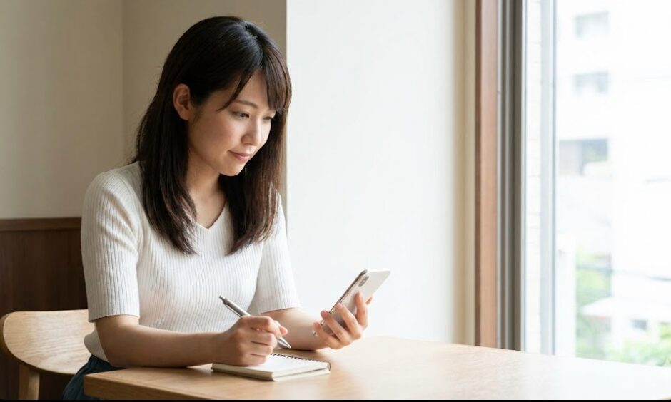 カフェでスマホアプリの問題を解きながら、重要なポイントをメモして復習サイクルを回す日本人女性