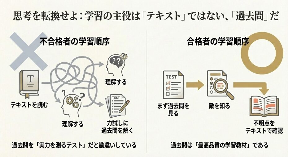 アウトプット中心、環境への投資、メンタルケア最優先という3つの具体的な合格戦略をアイコン付きで示したスライド。