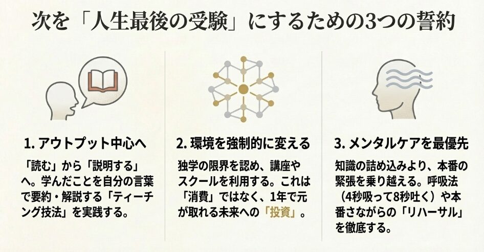 アウトプット中心、環境への投資、メンタルケア最優先という3つの具体的な合格戦略をアイコン付きで示したスライド。