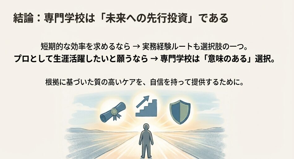 短期的な効率なら実務経験ルート、プロとして生涯活躍したいなら専門学校は「意味のある」選択であるという結論。