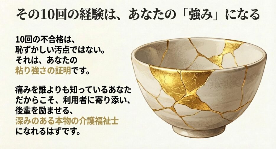 金継ぎされた器の画像。10回の不合格経験は恥ではなく、粘り強さの証明であり、深みのある介護福祉士になるための強みであるというメッセージ。