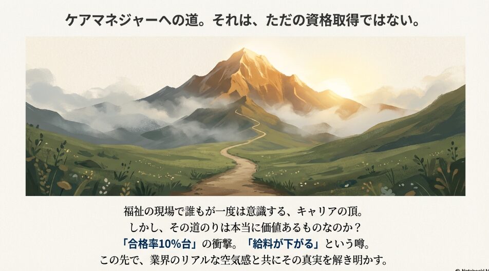 険しい山道を登る先に山頂(ケアマネジャー)があるイメージ画像