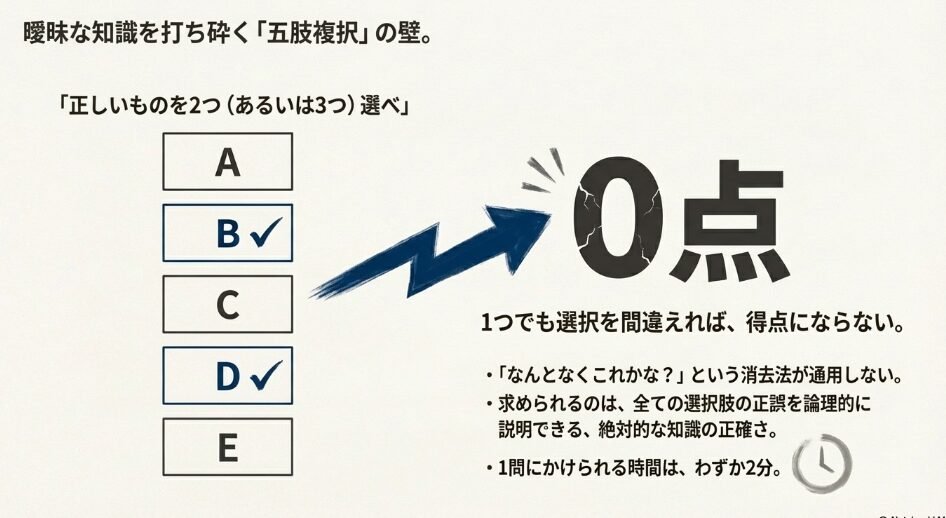 ケアマネジャー試験の五肢複択形式で一つでも間違うと0点になる仕組みの解説図