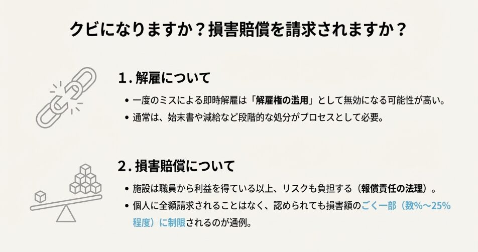 一度のミスでの即時解雇は無効の可能性が高いこと、個人への損害賠償請求はごく一部に制限される「報償責任の法理」を説明する図解。