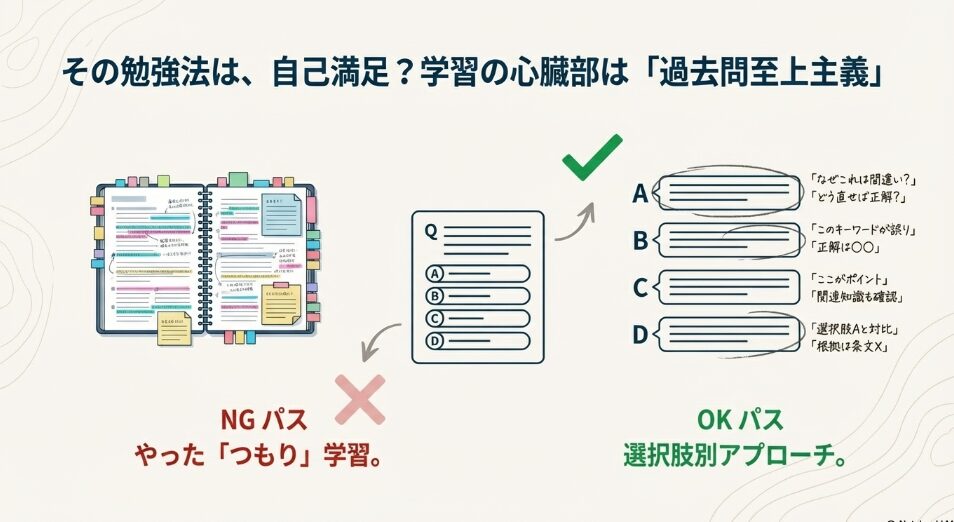 ケアマネ過去問学習の正しいやり方。「答えの丸暗記」ではなく、選択肢ごとに間違いの理由と正解への直し方を考える「選択肢別アプローチ」の図解。