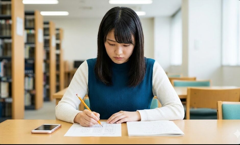 図書館で紙の模擬試験とマークシートに向かい、本番形式のリハーサルを行う日本人受験生