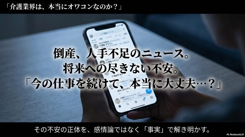 介護業界は本当にオワコンなのか?」という問いかけと、不安の正体を事実で解き明かすことを示す記事の導入スライド