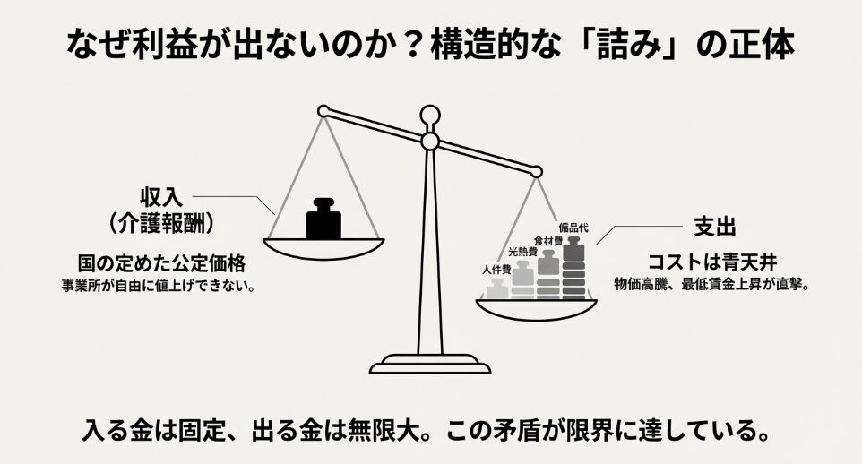 収入(介護報酬)は固定されているのに対し、人件費や光熱費などの支出が青天井に増えているバランス崩壊の天秤図