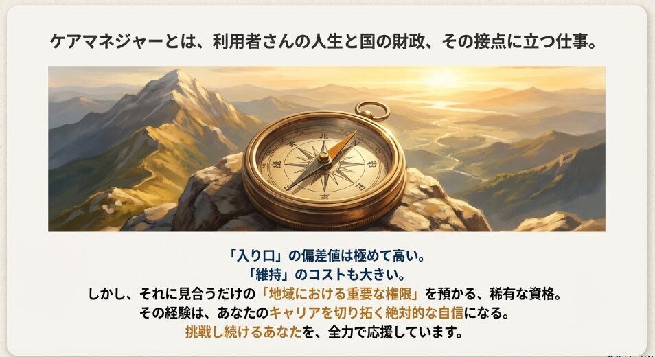 山頂に置かれたコンパス。ケアマネジャーが利用者と国の財政の接点であることを示すイメージ