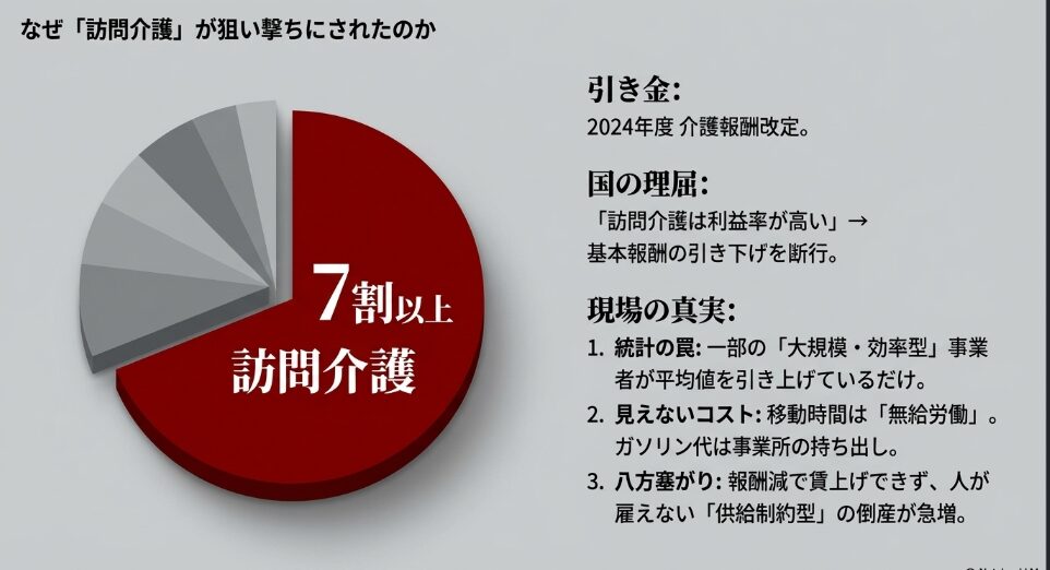 倒産の7割以上が訪問介護である事実と、2024年報酬改定で基本報酬が引き下げられた背景解説