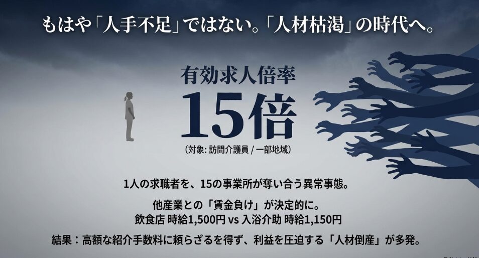 訪問介護の有効求人倍率が15倍に達し、多くの手が一人の人材を奪い合っているイラストと、他産業との賃金格差の解説