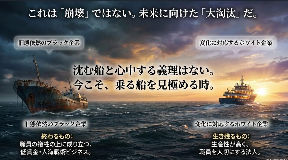 旧態依然のブラック企業は沈み、変化に対応するホワイト企業だけが生き残る「大淘汰」の概念図