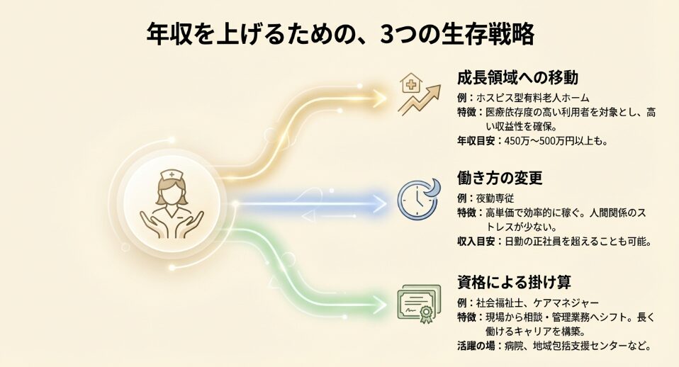 成長領域への移動、働き方の変更、資格による掛け算という3つの年収アップ戦略の図解