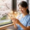 桜が見えるカフェでスマホを見つめ、介護福祉士国家試験の合格を確信して笑顔を見せる日本人女性介護士。スマホから成功を表す光のアイコンが浮かび上がっている。