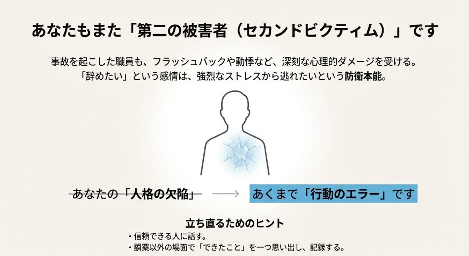 事故を起こした職員の心理的ダメージを「セカンドビクティム」と定義し、人格の欠陥ではなく行動のエラーであると強調する立ち直りのヒント。