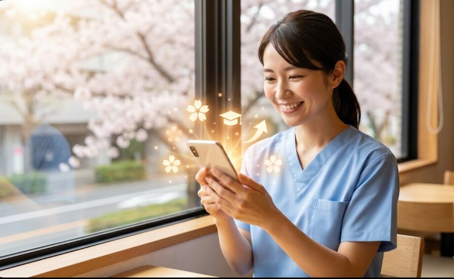 桜が見えるカフェでスマホを見つめ、介護福祉士国家試験の合格を確信して笑顔を見せる日本人女性介護士。スマホから成功を表す光のアイコンが浮かび上がっている。