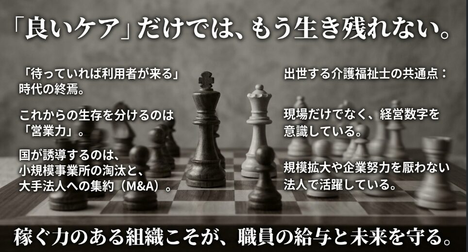 「良いケア」だけでは生き残れず、営業力と組織の規模拡大が必要であることを示す解説スライド