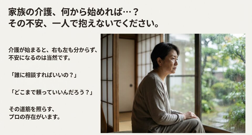 窓際で不安そうな表情を浮かべる女性と、介護の悩みに関する問いかけ