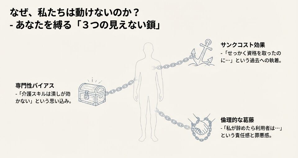 サンクコスト効果、専門性バイアス、倫理的な葛藤という、介護職を縛る3つの見えない鎖の解説図。