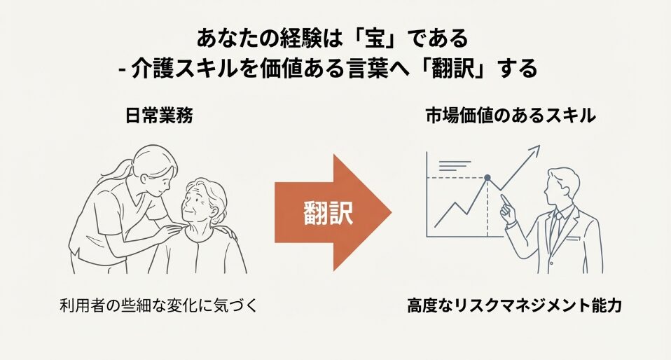 日常業務を市場価値のあるスキルへ翻訳する図。利用者の変化への気づきは高度なリスクマネジメント能力であるという例。