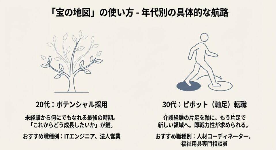 20代はポテンシャル採用、30代は軸足を残したピボット転職が有効であることを示した年代別キャリアマップ。