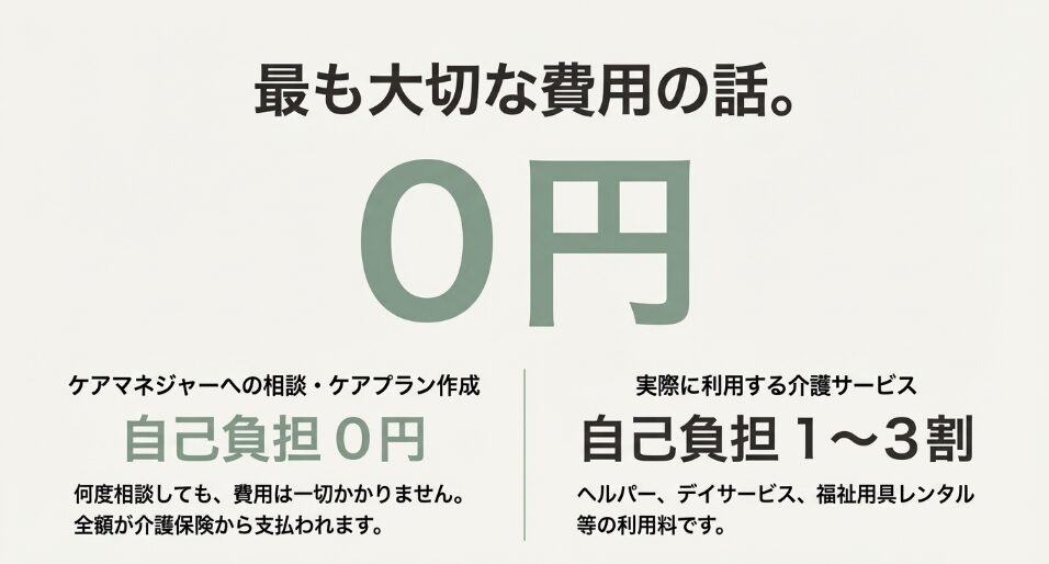 ケアマネジャーへの相談・ケアプラン作成の自己負担が0円であり、全額介護保険から支払われることを示す図