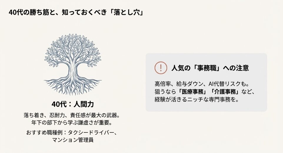 40代の武器は人間力であることと、人気の事務職転職における高倍率・給与ダウン・AI代替リスクについての注意喚起。