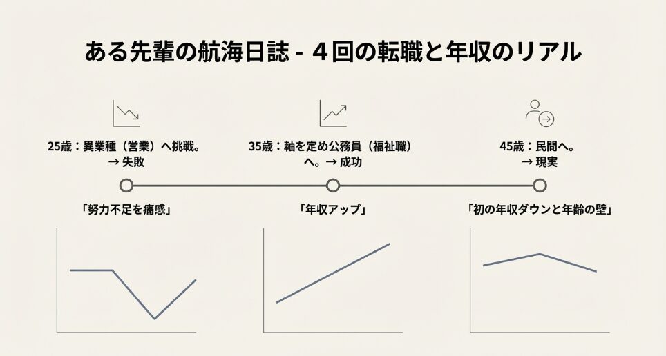 25歳で失敗、35歳で公務員になり成功、45歳で民間へ戻り年収ダウンと現実を知った筆者のキャリア変遷グラフ。