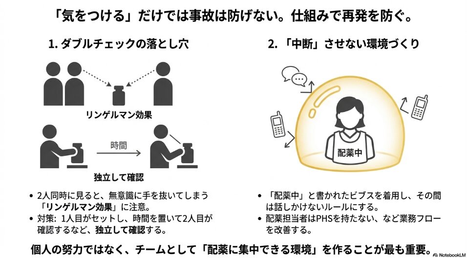 リンゲルマン効果を防ぐための独立した確認方法や、配薬に集中するためのビブス着用・業務フロー改善を提案する図解画像