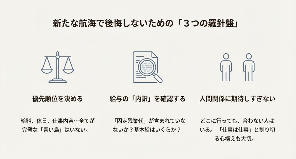 優先順位を決める、給与の内訳を確認する、人間関係に期待しすぎないという、転職失敗を防ぐ3つの羅針盤。