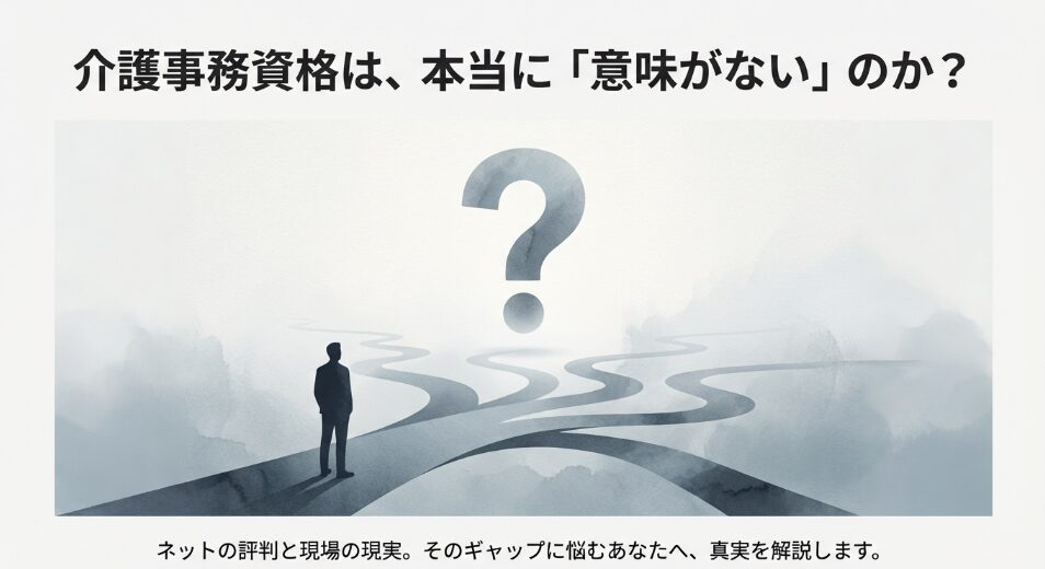 霧の中の分かれ道に立ち、進むべき道を迷っている男性のシルエットとクエスチョンマーク。